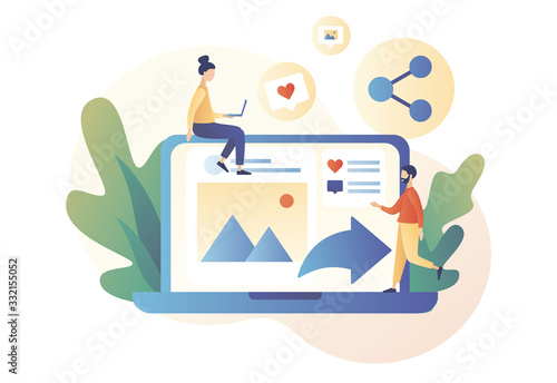 Share concept. Tiny people sharing data, photos, links, posts and news in social networks with laptop. Modern flat cartoon style. Vector illustration on white background	