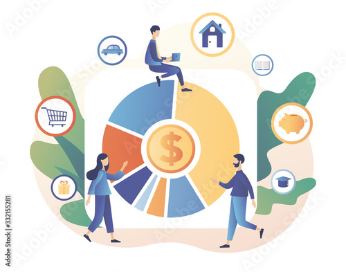 Budget management. Cash flow. Personal financial control. Tiny people is planning the personal budget. Modern flat cartoon style. Vector illustration on white background	