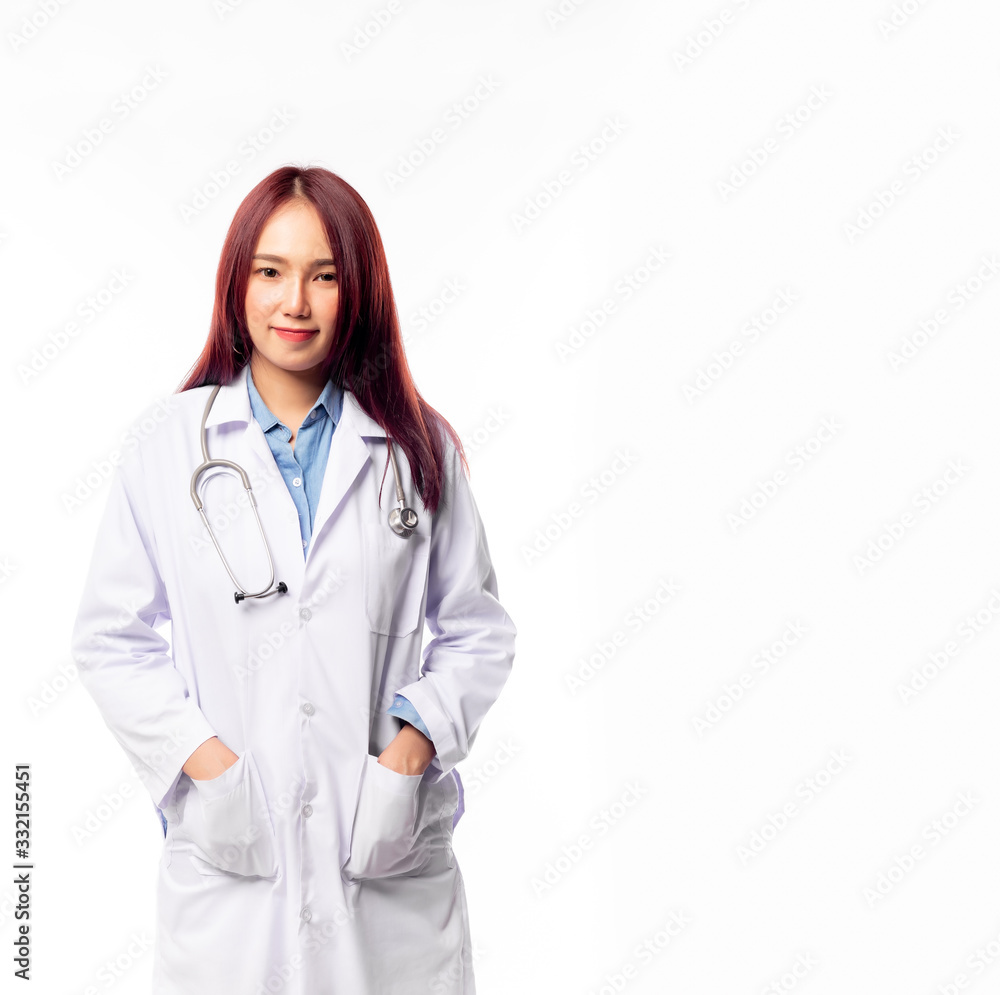 Young asian female doctor get confident with smile face. Asia woman doctor wear coat, hang stethoscope on neck. She put hands in gown pockets. Health care, medical care, insurance concept. copy space Young asian female doctor get confident with smile face. Asia woman doctor wear coat, hang stethoscope on neck. She put hands in gown pockets. Health care, medical care, insurance concept. copy space