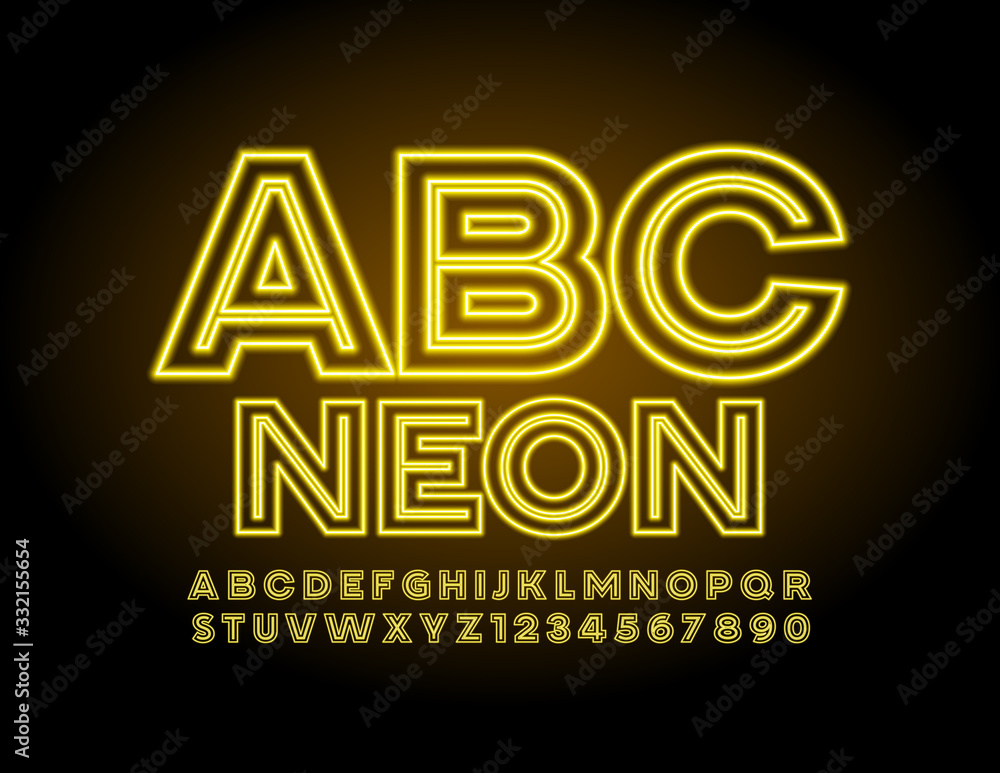 Vector Neon Alphabet. Yellow Glowing Font. Creative illuminated Letters and Numbers