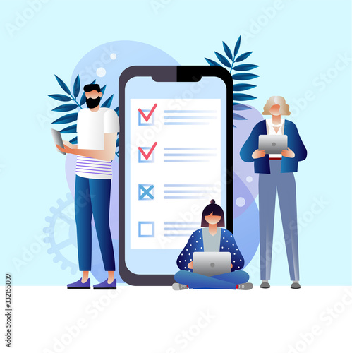 online survey vector illustration concept, people filling online survey form on gadgets, to do list paper note