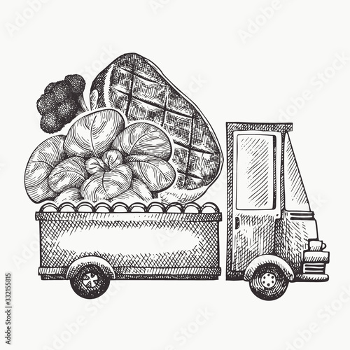 Food shop delivery logo template. Hand drawn vector truck with vegetables and meat illustration. Engraved style retro food design.