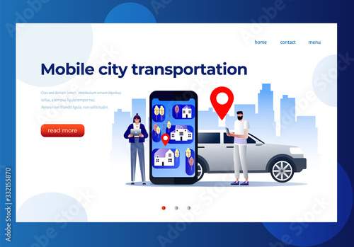 Mobile city transportation illustration concept, Online car sharing with cartoon character and smartphone, can use for landing page template, ui, web, mobile app, poster, banner, flyer	