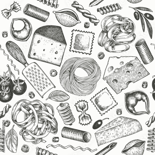 Italian pasta wits additions seamless pattern. Hand drawn vector food illustration. Engraved style. Vintage pasta different kinds background.
