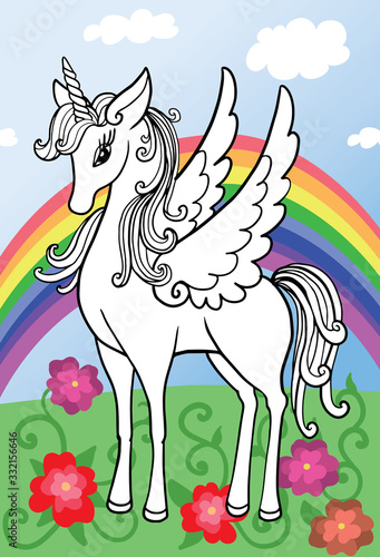 children's coloring book with a unicorn, on a colored background