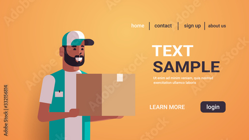 african american courier man holding cardboard parcel box express delivery service concept portrait horizontal copy space vector illustration