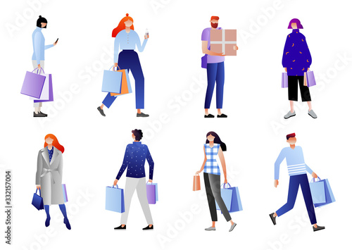 Collection of people carrying shopping bags with purchases. 
