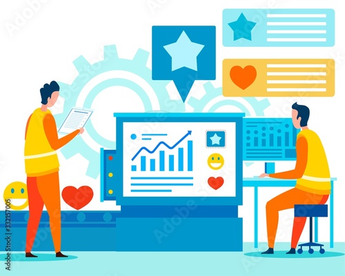 Analytic Team Work with Statistic Data Cartoon. Flat Vector Men Analyze Feedback Consumer, Customer Review Evaluation in Charts and Graphs on PC Monitor. Social Media Marketing. Workflow Illustration