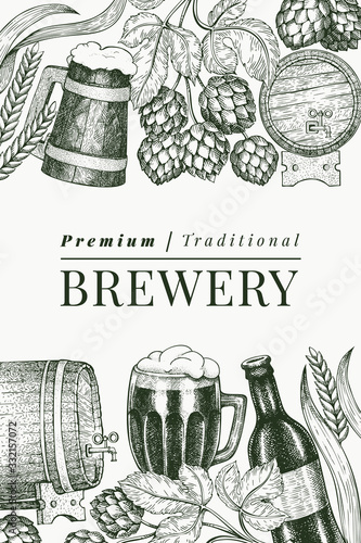 Beer glass mug and hop design template. Hand drawn vector pub beverage illustration. Engraved style. Retro brewery illustration.