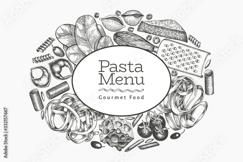 Italian pasta with additions design template. Hand drawn vector food illustration. Engraved style. Vintage pasta different kinds background.