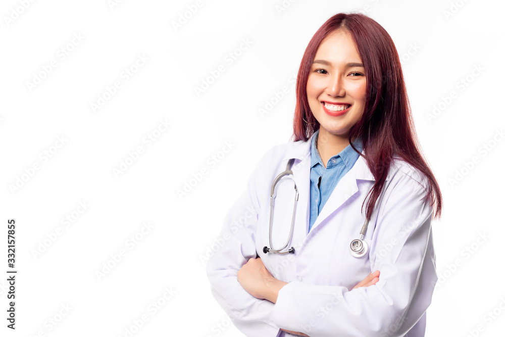 Portrait young female doctor with smiley face. Asian woman doctor arm cross, happiness. She wear gown, hanging stethoscope on neck. General practitioner get successful. Medical care, insurance concept Portrait young female doctor with smiley face. Asian woman doctor arm cross, happiness. She wear gown, hanging stethoscope on neck. General practitioner get successful. Medical care, insurance concept