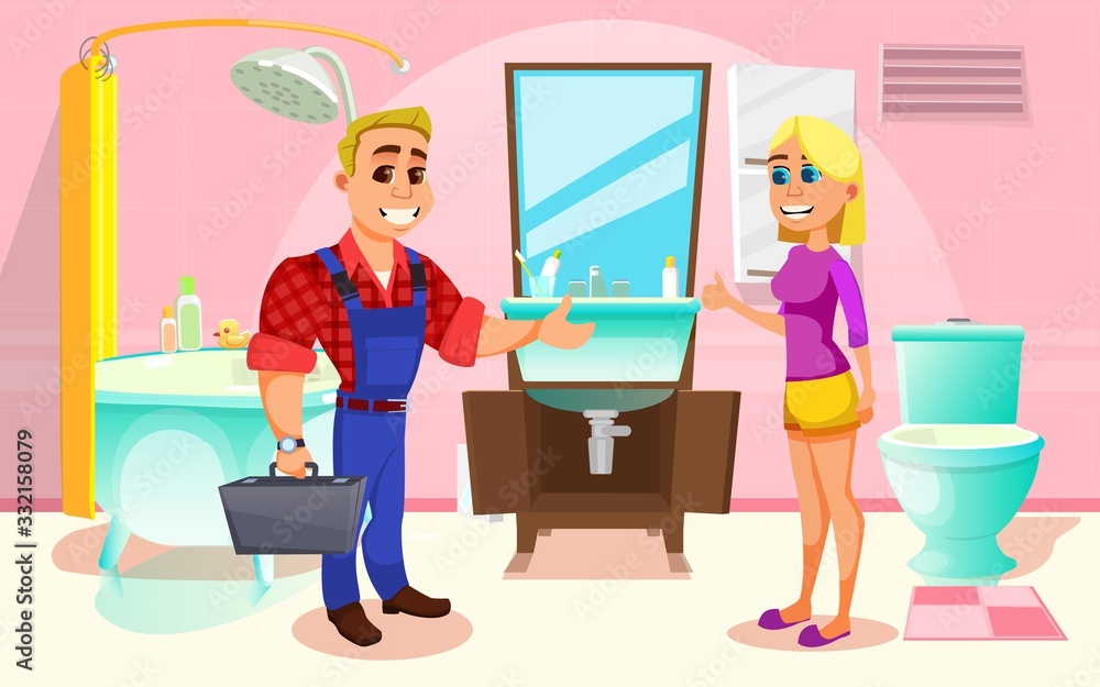 Young Girl, Giving Thumb up to Plumbers Work in Bathroom. Professional with Toolbox in Hands, Talking to Satisfied Customer after Leak under Washbowl Is Found and Fixed. Cute Cartoon Characters.