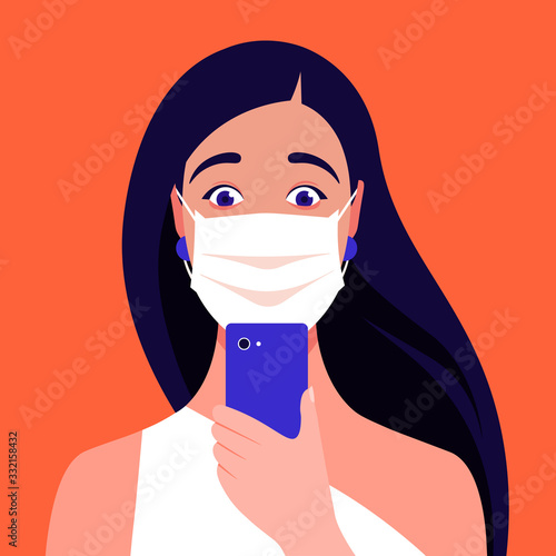 Shocked girl adult wears medical mask looks into her smartphone. Coronavirus. Portrait of a panicking woman. Vector flat illustration