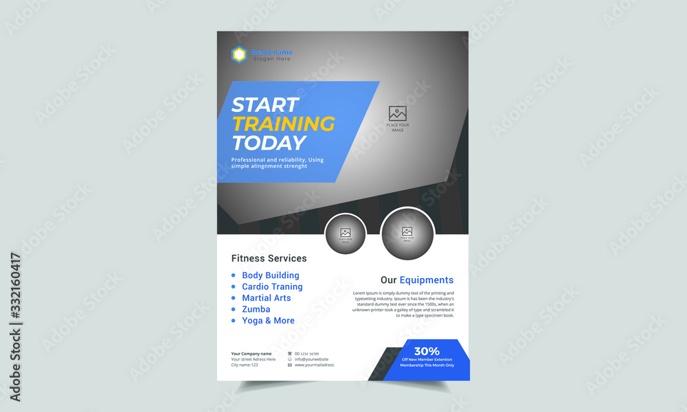 Fitness & Gym - Sports Business Flyer, Fitness Gym Flyer Template, Fitness center flyer modern typographic layout,  sport event cover design template A4 size with bodybuilder man silhouette Vector