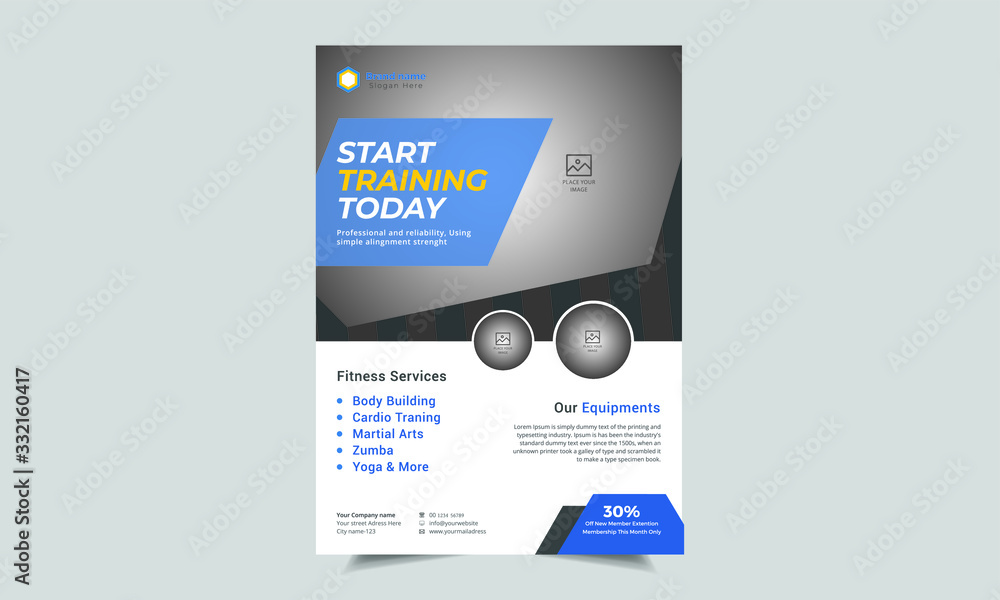 Fitness & Gym - Sports Business Flyer, Fitness Gym Flyer Template, Fitness center flyer modern typographic layout, sport event cover design template A4 size with bodybuilder man silhouette Vector Fitness & Gym - Sports Business Flyer, Fitness Gym Flyer Template, Fitness center flyer modern typographic layout, sport event cover design template A4 size with bodybuilder man silhouette Vector