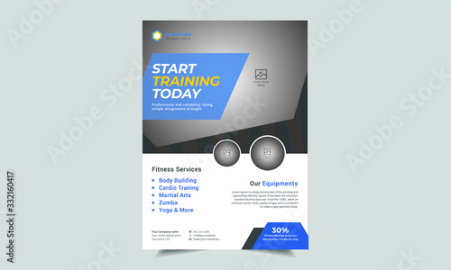 Fitness & Gym - Sports Business Flyer, Fitness Gym Flyer Template, Fitness center flyer modern typographic layout, sport event cover design template A4 size with bodybuilder man silhouette Vector