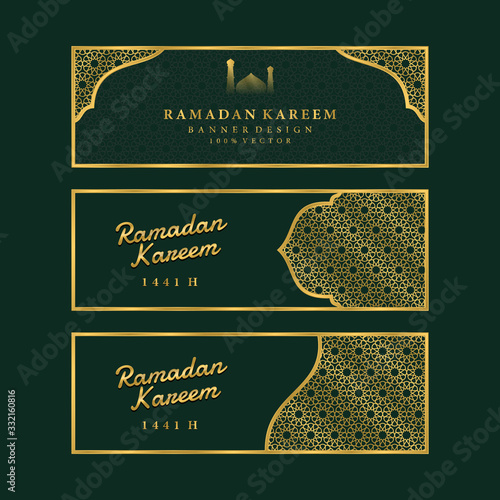 Ramadan horizontal banner background, ramadan kareem greeting islamic banner background with luxury gold geometric persian pattern