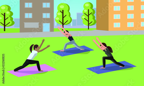 Group of people do yoga in a city Park. Male and female, different races. Active recreation of citizens, street sports.. Vector illustration in flat style.