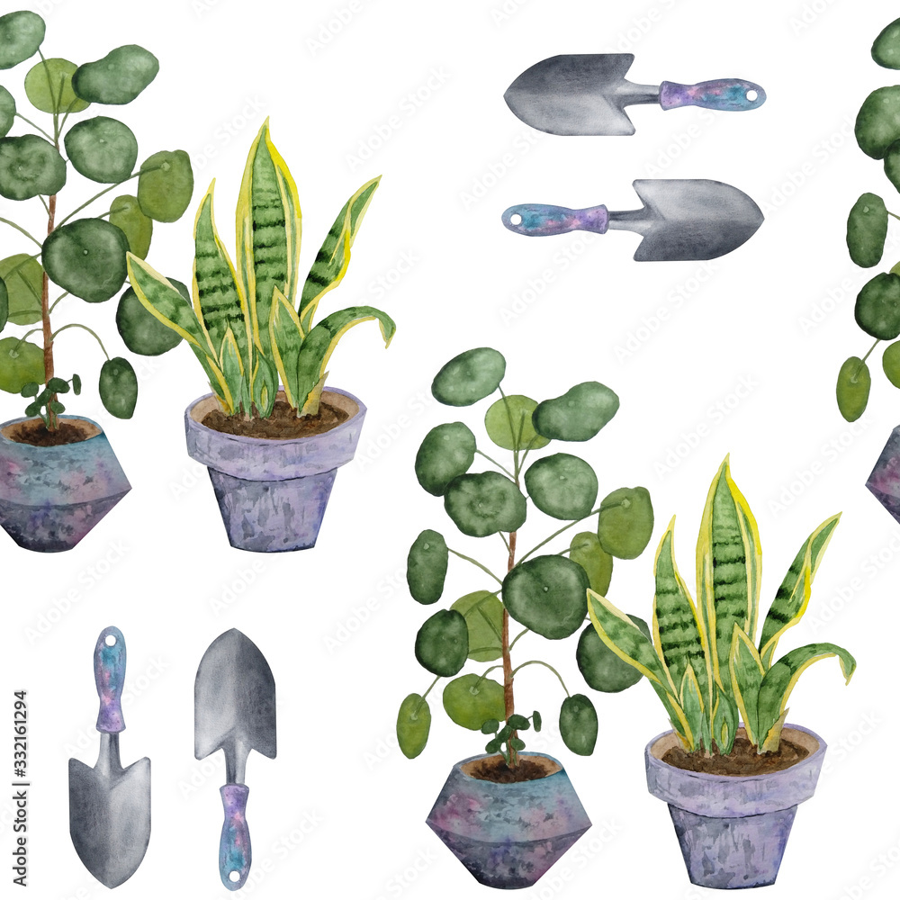 watercolor hand drawn seamless pattern with gardenining spades shovel ...