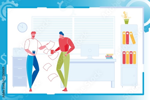 Two Worker Standing Holding Cup among Falling Paper Sheets. Colleagues Discussion of Teamwork. Man Talking with Coworker. Shelf with Pile Books in Room Interior Background. Vector Illustration