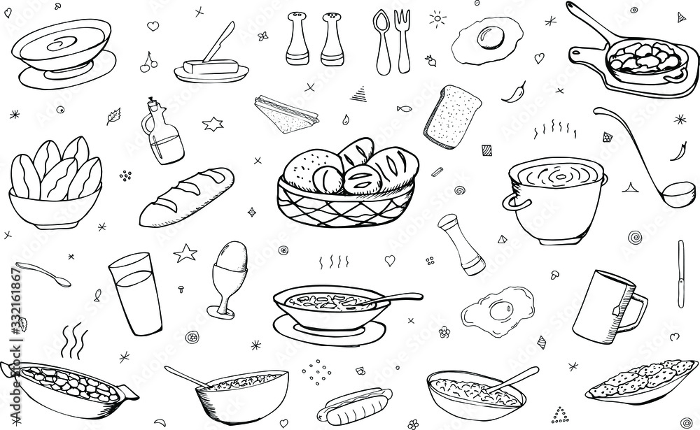 Vector background with breakfast, lunch, dinner, food, snacks. Useful for packaging, menu design and interior decoration. Hand drawn doodles. Sketchy collection of food elements on a white background