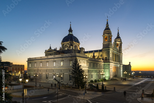 Sunset view of Almudena Cathedral in City of Madrid