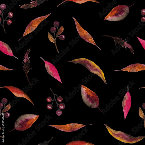 seamless watercolor hand drawn pattern with dark elegant autumn fall berries and dry leaves natural organic woodland design wood forest in red brown marsala burgungy ochre colors on black background