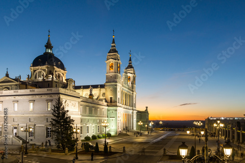 Sunset view of Almudena Cathedral in City of Madrid