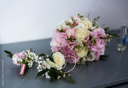 Wedding bouquet lies on the table