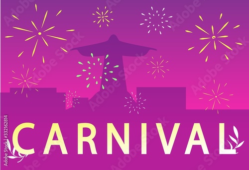 Carnival. Inscription on Firework Pink Background. Symbolic Statue in Rio de Janeiro. Fireworks and Carnival. Night Party. Traditional Brazilian Costume. Country Cult. Vector Illustration. photo