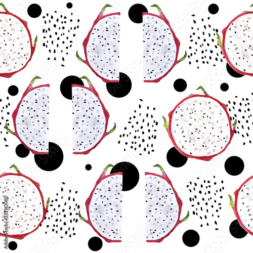 watercolor hand drawn modern trendy seamless pattern pitaya pitahaya or dragon fruit, exotic tropical sweet delicious food cut in halves with seeds on white pulp collage textured elements circles