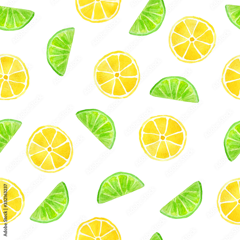 seamless watercolor hand drawn pattern with bright citrus green lime and yellow lemon slices healthy summer vitamin food, design for kitchen textile fabric cafe menu on white isolated background