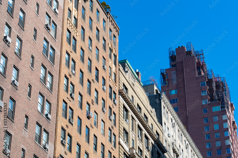 Row of Colorful Old Brick Skyscrapers on the Upper West Side of New York City