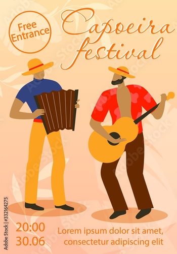 Guitar Player and Accordionist. Capoeira Festival. Party Invitation. Music Festival. People Celebrate Days of Brazilian Carnival. National Holiday of Brazil. Vector Illustration. Abstract Clothes.