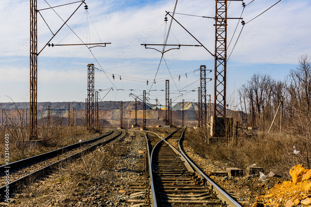 View on slag heaps of the iron ore quarry and railroad