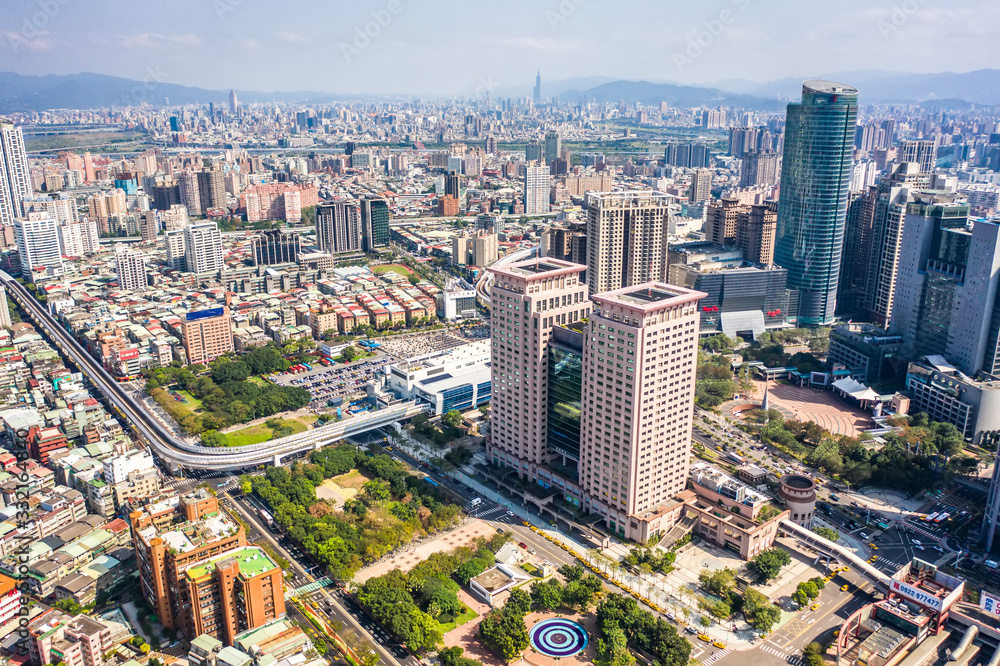 New Taipei City,Taiwan - Feb 1, 2020: This is a view of the Banqiao district in New Taipei where many new buildings can be seen, the building in the center is Banqiao station, Skyline of New taipei