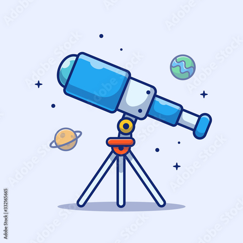 Telescope Vector Icon Illustration. Telescope, Planet, Stars And Earth, Space Icon Concept White Isolated. Flat Cartoon Style Suitable for Web Landing Page, Banner, Sticker, Background