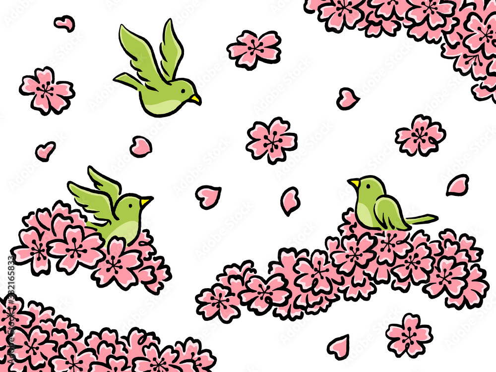 桜とウグイスの手描き風イラストセット Stock Vector Adobe Stock