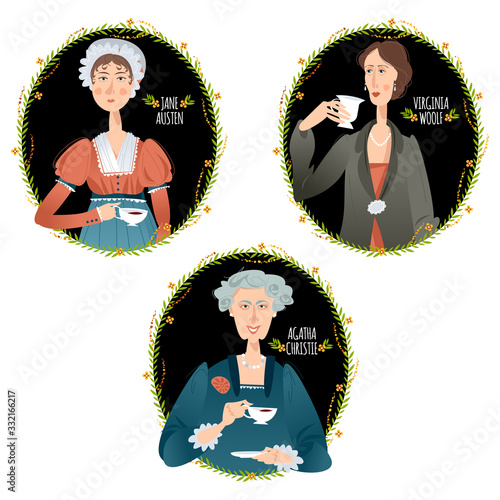 History of England. Famous English writers drinking tea. Jane Austen, Agatha Christie, Virginia Woolf.
