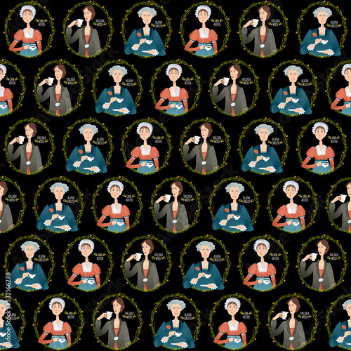 History of England. Famous English writers drinking tea. Jane Austen, Agatha Christie, Virginia Woolf. Seamless background pattern.