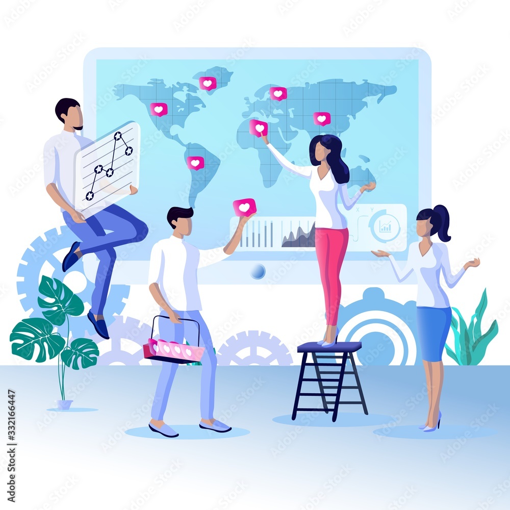 Bright Banner Target Audience Management Flat. Marketing Includes Listening to Customer Opinions. Girl Stands on Stairs and Wheezes Hearts on World Map. People are Standing around and Looking. Bright Banner Target Audience Management Flat. Marketing Includes Listening to Customer Opinions. Girl Stands on Stairs and Wheezes Hearts on World Map. People are Standing around and Looking.