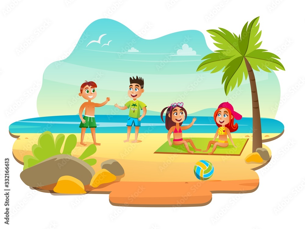 Children Having Rest on Beach near Ocean at Summer Camp Flat Cartoon Vector Illustration. Girls Sitting on Rubber Mat and Talking. Boys Playing Standing on Sand. Palm Trees and Sea.