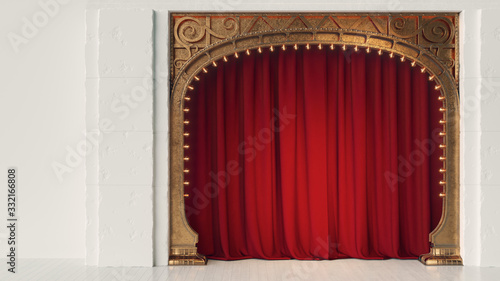 Dark empty cabaret or comedy club stage with red curtain and art nuovo arch. 3d render