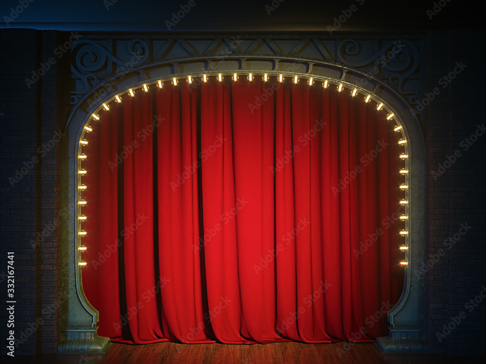 Dark empty cabaret or comedy club stage with red curtain and art nuovo arch. 3d render - obrazy, fototapety, plakaty 