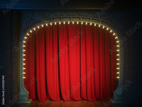 Dark empty cabaret or comedy club stage with red curtain and art nuovo arch Tapéta, Fotótapéta