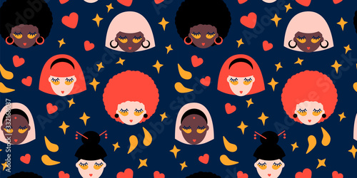 seamless pattern with patches for the eyes. girls of different nationalities take care of the skin around the eyes. Modern abstract design for paper, cover, fabric
