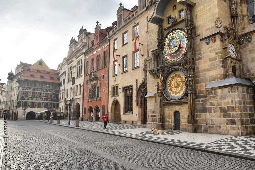 Prague during quarantine caused by Corona virus, empty square inf front of the astronomical clock