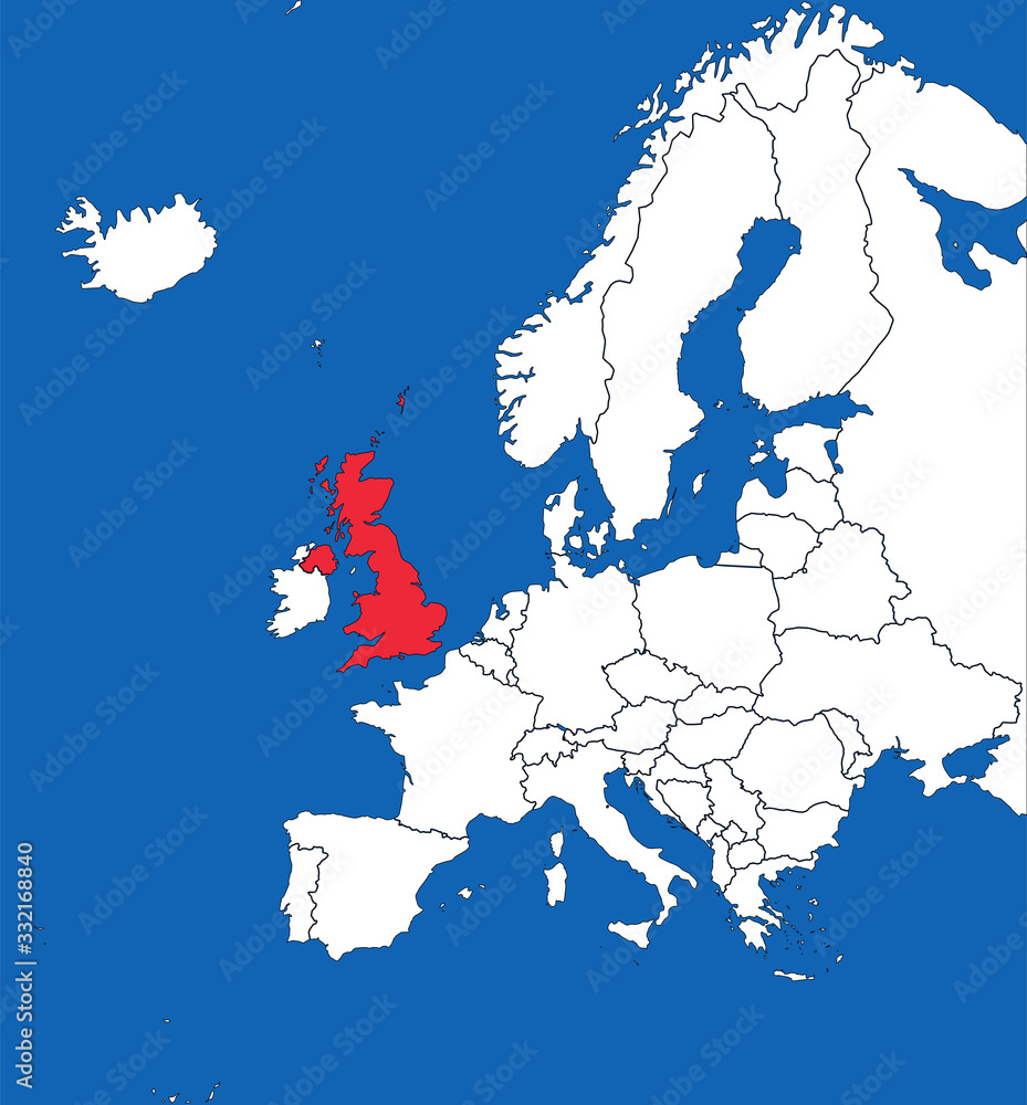 United kingdom highlighted on europe map. Blue sea background. Perfect for backgrounds, backdrop, sticker, banner, label, poster, chart and wallpaper.