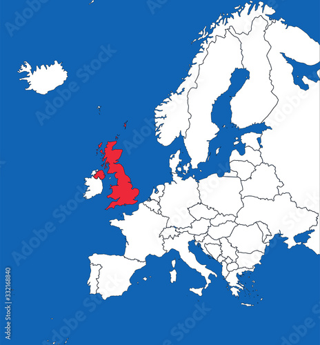 United kingdom highlighted on europe map. Blue sea background. Perfect for backgrounds, backdrop, sticker, banner, label, poster, chart and wallpaper.