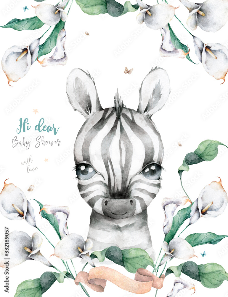 Watercolor cartoon cute baby Zebra with calla flowers frame background. Nursery african illustration. Bohemian boho drawing for nursery poster Watercolor cartoon cute baby Zebra with calla flowers frame background. Nursery african illustration. Bohemian boho drawing for nursery poster